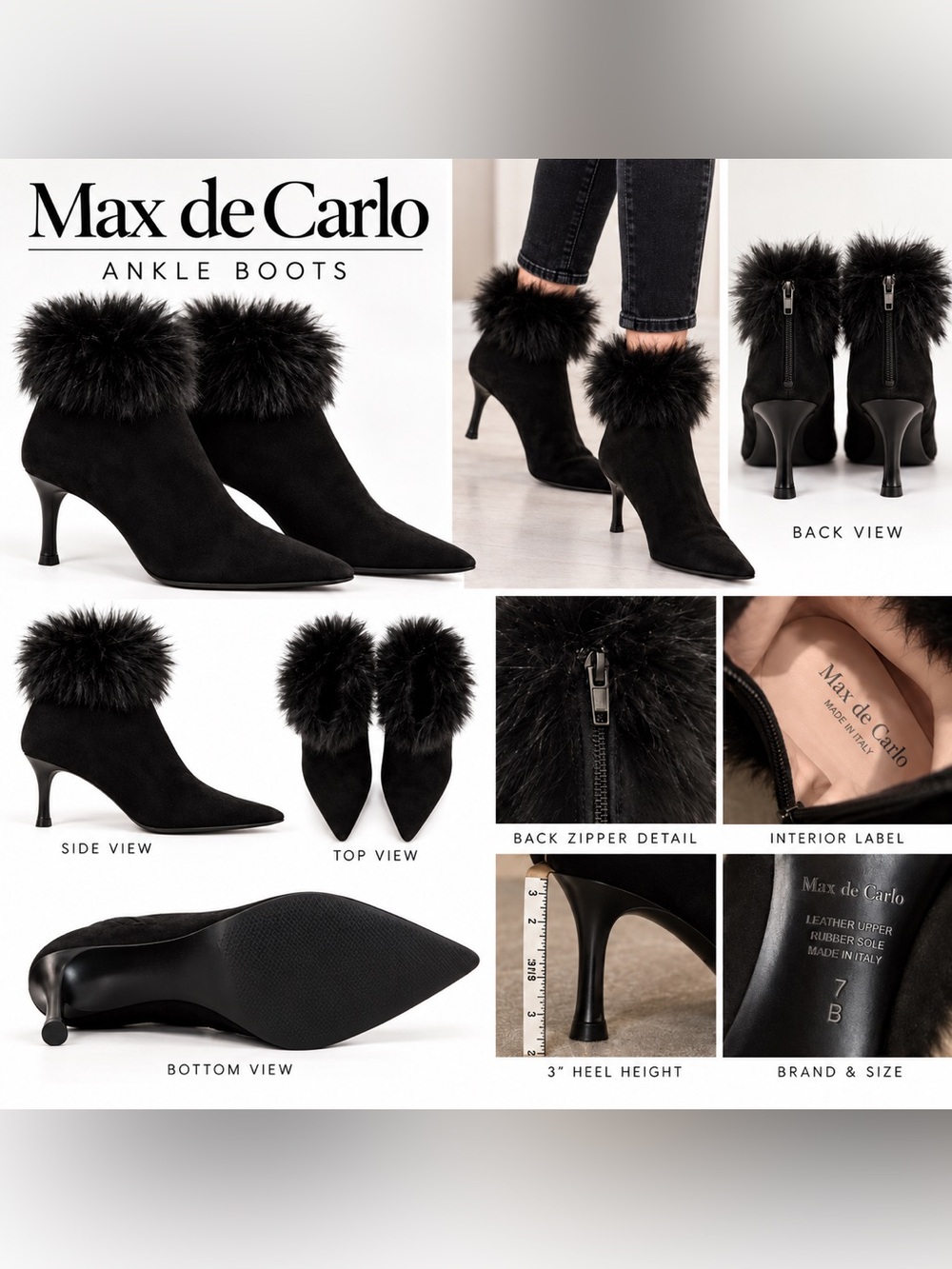 Max de Carlo Black Suede Fur Trim Pointed Toe Ankle Boots Size 7B Italy